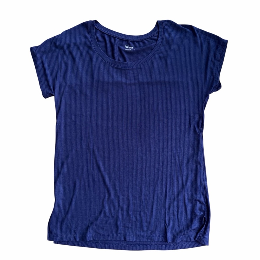 Felina Stretch Ribbed Short Sleeve Tee Shirt Women’s Size Medium Navy Blue